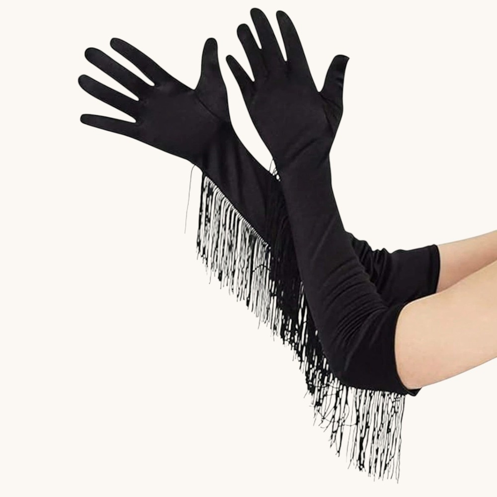 New Black Fringe Trim Satin Opera Length Long Evening Gloves Formal - Picture 2 of 3